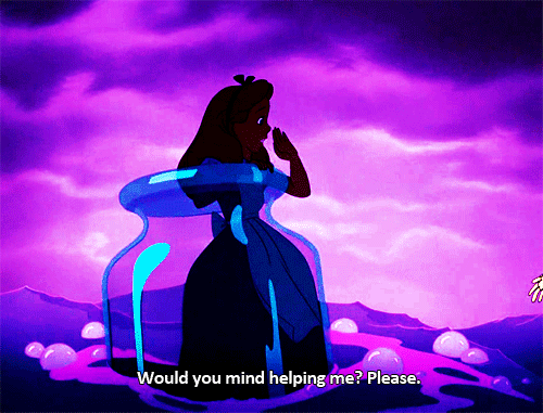 Alice in wonderland gif. purple background and pink clouds, silhouette of alice